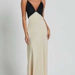 Quincy Satin Slip Dress. Two-Tone Spaghetti Strap Maxi Dress Black/Cream.